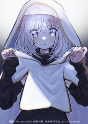  :o absurdres bad_id bad_pixiv_id black_dress blue_eyes blush commentary_request dress female hair_between_eyes hands_up highres long_sleeves looking_at_viewer nun original parted_lips sleeves_past_wrists solo sugomori_tsuru_(hana_tsuru_wo) upper_body white_hair 