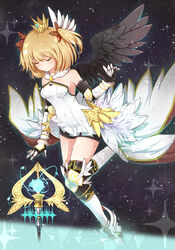  asymmetrical_wings bare_shoulders black_background black_shorts black_wings blonde_hair closed_eyes closed_mouth clothing_request crown elbow_gauntlets female firuo_(king_fish) hair_ornament marl_(shironeko_project) medium_hair mini_crown mismatched_wings shironeko_project shorts smile solo sparkle thighhighs two_side_up white_footwear white_thighhighs white_wings wings 