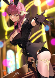  absurdres animal_ears au_ra black_gloves black_panties black_thighhighs blurry blurry_background braid breasts cleavage commission detached_collar dragon_horns dutch_angle fake_animal_ears female final_fantasy final_fantasy_xiv from_side gloves highres horns ibaraki_shun large_breasts long_hair looking_at_viewer original panties pink_hair rabbit_ears scales skeb_commission solo strapless thighhighs twin_braids underwear warrior_of_light_(ff14) yellow_eyes 