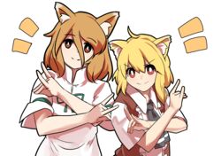  2girls ahoge animal_ears ascot asymmetrical_hair black_ascot blonde_hair brown_eyes brown_vest closed_mouth collared_shirt commentary cookie_(touhou) fox_ears fox_girl fox_shadow_puppet green_ribbons hair_between_eyes highres kudamaki_tsukasa leftame light_brown_hair looking_at_viewer medium_hair miramikaru_riran multiple_girls oerba_yun_fang red_eyes ribbon romper shirt short_sleeves sidelocks simple_background skin_fang smile touhou trait_connection transparent_background upper_body vest white_romper white_shirt 