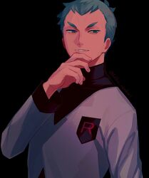  1boy archer_(pokemon) black_background delta_nonbiri green_eyes green_hair hand_up jacket logo long_sleeves looking_down male_focus parted_lips pokemon pokemon_hgss short_hair simple_background smile solo team_rocket team_rocket_uniform upper_body white_jacket 