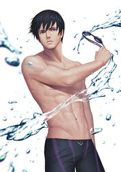  1boy abs black_hair blue_eyes free! goggles holding holding_goggles jammers male_focus male_swimwear nanase_haruka_(free!) navel parted_lips pectorals penguin_frontier short_hair solo splashing toned toned_male topless_male water wet wet_hair white_background 