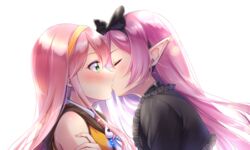  2girls amagi_shino blush closed_eyes commentary_request green_eyes highres kissing long_hair multiple_girls original pink_hair pointy_ears second-party_source simple_background white_background yuri zukyuun 