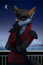  absurd_res anthro assassin&#039;s_creed blue_eyes bodysuit bridge canid canine canis city city_background clothing crescent_moon crossed_arms detailed_background digital_media_(artwork) fan_character female gekko-seishin hand_to_mouth head_tuft hero hi_res legend_of_ahya mammal mask moon murana_wolford_(darkflame-wolf) night railing shaded skinsuit solo star suit suit_symbol thinking tight_clothing tuft ubisoft water wolf 