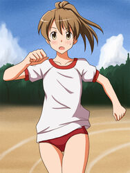  blue_sky brown_eyes brown_hair buruma cloud cloudy_sky commentary_request commission day female gym_shirt gym_uniform lielos looking_at_viewer medium_hair open_mouth original outdoors partial_commentary pixiv_commission poniko_(lielos) ponytail red_buruma running running_track shirt short_sleeves sky solo sweatdrop thigh_gap white_shirt 