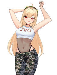  absurdres ahoge armpits arms_up bare_arms bare_shoulders black_choker blonde_hair breasts camouflage camouflage_pants choker commentary cowboy_shot crop_top female fishnets hamburger_hat hat highres jingburger korean_commentary long_hair looking_at_viewer medium_breasts midriff navel open_mouth pants red_eyes shirt sleeveless sleeveless_shirt smile solo stomach very_long_hair virtual_youtuber waktaverse white_shirt ziro_(zirorong) 