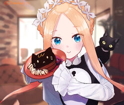  abigail_williams_(fate) abigail_williams_(festival_outfit)_(fate) alternate_costume animal-themed_food bad_id bad_pixiv_id black_cat blonde_hair blue_eyes blueberry blush braid breasts crown_braid dress enmaided fate/grand_order fate_(series) feline female food forehead fruit keyhole long_hair looking_at_viewer maid maid_headdress matsui_haru pancake parted_bangs plate raspberry sash sidelocks sleeves_past_fingers sleeves_past_wrists small_breasts solo very_long_hair whipped_cream white_dress 