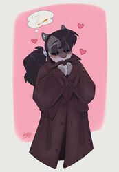  2023 anthro black_hair blush blush_lines cadaverrdog canid canine canis cigarette closed_eyes clothing coat domestic_dog domino_(cadaverrdog) female fur grey_body grey_fur hair heart_symbol hi_res mammal mixed_breed nonbinary_(lore) pomsky ponytail simple_background solo thought_bubble topwear trenchcoat white_background 