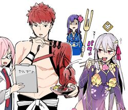  1boy 3girls :d bowl caught check_commentary chopsticks clipboard commentary_request earrings emiya_shirou fate/grand_order fate_(series) fish_(food) flower food food_theft glasses gloom_(expression) gunkanmaki hair_flower hair_ornament hair_ribbon hand_on_own_chin holding holding_polearm holding_weapon igote jewelry jitome kama_(fate) kama_(second_ascension)_(fate) mash_kyrielight matou_sakura multiple_girls naosuke_(morioka_shachuu) necktie nigirizushi open_mouth parvati_(fate) pink_hair polearm purple_hair red_eyes red_hair ribbon senji_muramasa_(fate) simple_background smile sushi theft trishula_shakti_(fate) weapon white_background white_hair wristband 