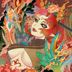  aqua_eyes black_sclera blue_pupils breasts chinese_commentary colored_eyelashes colored_sclera commentary dongdi_cangyang eyeliner facial_mark feathers female fire floating_hair flower hair_ornament hair_rings highres hououka_(onmyoji) makeup onmyoji open_mouth parted_bangs red_hair smile solo underboob 