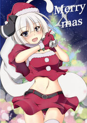  bag black_panties blue_eyes blush bob_cut christmas christmas_tree female fluffy_legwear hairband hat konpaku_youmu konpaku_youmu_(ghost) kurenaidahlia looking_at_viewer navel night night_sky panties santa_costume santa_hat short_hair sky sleeveless smile solo star_(symbol) thighhighs thighs touhou underwear white_hair 