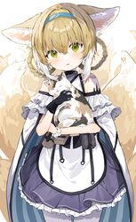  absurdres animal animal_ears arknights blonde_hair blue_dress blue_hair blue_hairband blush braid cowboy_shot dress feline female fox_ears fox_girl fox_tail frilled_dress frills green_eyes hair_between_eyes hairband highres holding holding_animal holding_cat inuyayo looking_at_viewer material_growth multicolored_hair oripathy_lesion_(arknights) pantyhose simple_background solo streaked_hair suzuran_(arknights) tail two-tone_dress white_background white_dress white_hair white_pantyhose 