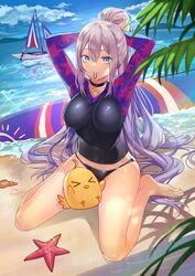  alternate_costume azur_lane beach bikini breasts choker cloud cloudy_sky commission day female floral_print hair_tie hair_tie_in_mouth highres intrepid_(azur_lane) large_breasts looking_at_viewer manjuu_(azur_lane) mouth_hold outdoors sagta_panggang sitting sky surfboard swimsuit tying_hair wariza 