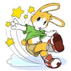  1:1 anthro blush bottomwear clothed clothing footwear fur green_clothing lagomorph leporid looking_at_viewer male mammal oob oob_(character) open_mouth orange_body orange_fur rabbit shirt shoes shorts socks solo star t-shirt topwear tripping 