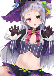  arched_bangs black_capelet black_hat black_skirt blush brown_gloves capelet claw_pose cowboy_shot crop_top cropped_shirt female gloves grey_hair groin hair_bun hat head_tilt highres hololive konkito long_hair long_sleeves looking_at_viewer lowleg lowleg_skirt midriff murasaki_shion murasaki_shion_(1st_costume) navel open_mouth pinstripe_pattern pinstripe_shirt shirt simple_background single_hair_bun single_side_bun skirt solo striped_clothes striped_shirt tilted_headwear two-sided_fabric two-sided_headwear vertical-striped_clothes vertical-striped_shirt virtual_youtuber white_background witch_hat yellow_eyes 