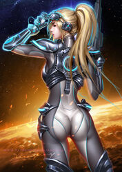  arm_guards armor artist_name ass blonde_hair bodysuit breasts commentary english_commentary female from_behind goggles goggles_on_head gun highres hip_armor holding holding_gun holding_weapon liang_xing lips long_hair medium_breasts nose nova_(starcraft) patreon_username ponytail shoulder_armor signature skin_tight solo starcraft terran watermark weapon web_address 