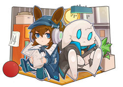  :&lt; absurdres amiya_(arknights) amiya_(newsgirl)_(arknights) animal_ears arknights ascot ball blue_ascot blue_coat blue_eyes blue_footwear blue_hat brown_hair calendar_(object) chibi choshanland_plushy_(arknights) clock coat commentary ears_through_headwear female gun hair_between_eyes hat headphones highres holding holding_gun holding_newspaper holding_weapon implied_extra_ears jewelry jumbowhopper lamp long_hair looking_at_viewer multiple_rings newspaper official_alternate_costume plant potted_plant rabbit_ears raised_eyebrow ring shirt sitting solo stuffed_animal stuffed_rabbit stuffed_toy weapon white_shirt 