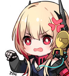  anger_vein banana_(girls&#039;_frontline) blonde_hair chibi female girls&#039;_frontline long_hair m4_sopmod_ii_(girls&#039;_frontline) m4_sopmod_ii_(mod3)_(girls&#039;_frontline) non-humanoid_robot pointing red_eyes robot solo very_long_hair zen_juraku 