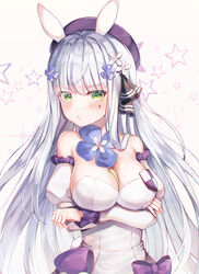  bare_shoulders beret between_breasts black_ribbon blunt_bangs blush breasts commentary_request detached_sleeves facial_mark female girls&#039;_frontline green_eyes hair_ornament hair_ribbon haneiro hat highres hk416_(girls&#039;_frontline) hk416_(herbal-flavored_hard_candy)_(girls&#039;_frontline) jewelry large_breasts long_hair long_sleeves looking_at_viewer official_alternate_costume photoshop_(medium) puffy_sleeves ribbon ring solo star_(symbol) star_print upper_body very_long_hair white_hair white_sleeves 