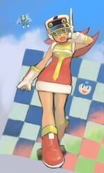  1boy :d android baseball_cap blush boots breasts checkered_flag cloud cloudy_sky commentary_request day dress female flag full_body gloves hat headset mega_man:_battle_&amp;_chase mega_man_(character) mega_man_(classic) mega_man_(series) microphone multicolored_clothes multicolored_dress open_mouth pink_hair plum_(mega_man) ramb_chop red_footwear ripot_(mega_man) short_dress short_hair sky sleeveless sleeveless_dress small_breasts smile standing tied_hair wheel white_gloves white_headwear yellow_dress 