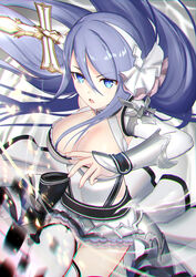  aqua_eyes bare_shoulders breasts cleavage detached_sleeves female hair_between_eyes hairband hanba_rou highres large_breasts long_hair open_mouth princess_connect! purple_hair shizuru_(princess_connect!) sleeveless solo sword thighhighs very_long_hair weapon white_hairband 