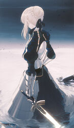  armor armored_dress artoria_pendragon_(fate) blonde_hair blue_ribbon braid braided_bun breastplate commentary excalibur_(fate/stay_night) fate/stay_night fate_(series) female gauntlets hair_bun juliet_sleeves long_sleeves looking_away photoshop_(medium) puffy_sleeves ribbon saber_(fate) solo wading wanke 