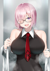  :d bare_shoulders black_dress blush breasts commentary dress eyes_visible_through_hair fate/grand_order fate_(series) female hair_over_one_eye highres impossible_clothes impossible_dress kitajima_yuuki large_breasts light_purple_hair looking_at_viewer mash_kyrielight necktie off_shoulder open_mouth purple_eyes red_necktie short_hair smile solo 