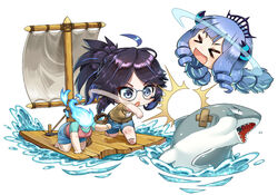  &gt;_&lt; 2girls :d agustinus ahoge all_fours bandaid barefoot black-framed_eyewear black_hair blue_eyes blue_fire blue_hair chibi creator_connection crossed_bandaids crown denim denim_shorts disembodied_head drill_hair drill_sidelocks dullahan fiery_hair fire glasses glowing_horns high_ponytail horns indie_virtual_youtuber kson long_hair motion_lines multicolored_hair multiple_girls open_mouth ponytail prism_project purple_hair raft raft_(game) rikudou_yura sail severed_head shark shorts sidelocks simple_background smile soles spiked_hair standing streaked_hair throwing two-tone_hair virtual_youtuber water white_background 