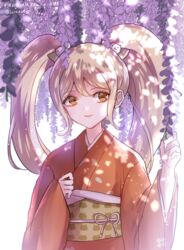  artist_name blonde_hair bow brown_eyes cat_hair_ornament commentary_request danganronpa_(series) danganronpa_2:_goodbye_despair female flower hair_between_eyes hair_ornament japanese_clothes kimono long_hair long_sleeves looking_at_viewer orange_kimono saionji_hiyoko smile solo translated twintails wide_sleeves wisteria z-epto_(chat-noir86) 