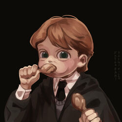  1boy absurdres artist_name black_background black_necktie black_robe blush cheek_bulge chicken_(food) chicken_leg clenched_hands collared_shirt commentary dated derivative_work dual_wielding eating english_commentary fatharani_yasmin food green_eyes grey_sweater harry_potter_(series) harry_potter_and_the_philosopher&#039;s_stone highres holding holding_food light_blush lolicon long_sleeves looking_at_viewer male_focus necktie orange_hair parted_bangs robe ron_weasley scene_reference school_uniform screenshot_redraw shirt short_hair signature simple_background solo sweater upper_body white_shirt wizarding_world 