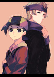  2boys backwards_hat baseball_cap black_eyes black_hair black_sweater blonde_hair blush closed_mouth commentary_request dated delta_nonbiri ethan_(pokemon) eyelashes hand_up hat headband jacket long_sleeves looking_back male_focus morty_(pokemon) multiple_boys orange_background pokemon pokemon_hgss purple_eyes purple_headband purple_scarf red_jacket ribbed_sweater scarf short_hair smile sweater 