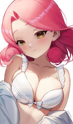  artist_name blush bra breasts brown_eyes cleavage closed_mouth eden_(shiroki_yuutsu) female head_tilt highres large_breasts looking_at_viewer medium_hair off_shoulder original parted_bangs pink_hair simple_background smile solo underwear upper_body vanilla_(eden_(shiroki_yuutsu)) white_background white_bra 