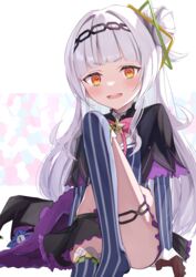  :d absurdres ass blunt_bangs blush brown_gloves commentary female gloves grey_hair hair_bun hair_ornament hairband hat highres hololive long_hair looking_at_viewer midriff murasaki_shion murasaki_shion_(1st_costume) open_mouth orange_eyes oudon_(udonnaiyo) single_hair_bun sitting skirt smile solo striped_clothes striped_thighhighs teeth thigh_strap thighhighs unworn_hat unworn_headwear vertical-striped_clothes vertical-striped_thighhighs virtual_youtuber witch_hat 