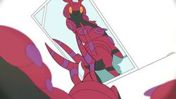  16:9 ambiguous_gender ambiguous_pov blush detailed_background dotrook feral first_person_view generation_5_pokemon hi_res implied_transformation mirror nintendo orange_eyes pokemon pokemon_(species) red_body scolipede solo wide_eyed widescreen yellow_eyes 