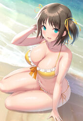  :d arm_support barefoot beach bikini black_hair blue_eyes blush breasts cleavage collarbone colored_eyelashes commentary_request day dutch_angle female frilled_bikini frills from_side front-tie_bikini_top front-tie_top full_body hair_ribbon halterneck hand_in_own_hair hand_up highres kawase_seiki large_breasts lens_flare looking_at_viewer navel ocean on_ground open_mouth outdoors pink_lips ribbon ronye_arabel shiny_skin short_hair side-tie_bikini_bottom sideboob sitting skindentation smile solo straight_hair string_bikini swimsuit sword_art_online sword_art_online:_alicization thighs two_side_up water wet yellow_bikini yellow_ribbon yokozuwari 