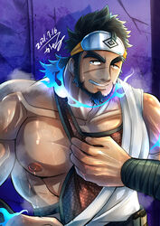  1boy absurdres bara bare_pectorals bare_shoulders beard black_hair blue_fire dark-skinned_male dark_skin dated facial_hair fire fishnet_top fishnets forehead_protector forked_eyebrows highres kageru_(mofnyan) large_pectorals looking_at_viewer male_focus mature_male muscular muscular_male ninja nipples pectorals sandayu_(housamo) scar scar_on_cheek scar_on_face see-through smile solo sweat tied_hair tokyo_afterschool_summoners upper_body 