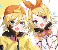  1boy absurdres ahoge backwards_hat baseball_cap blonde_hair blue_eyes blush bow bow_hairband bracelet choker confetti female fingerless_gloves fishnet_gloves fishnets flipped_hair gloves hair_ornament hairband hairbow hairclip hand_on_own_cheek hand_on_own_face hands_on_own_cheeks hands_on_own_face hat highres hood hoodie jewelry kagamine_len kagamine_rin looking_at_viewer magical_mirai_(vocaloid) magical_mirai_len magical_mirai_len_(2023) magical_mirai_rin magical_mirai_rin_(2023) oerba_yun_fang open_mouth shinzousan short_hair skin_fang spiked_bracelet spikes upper_body vocaloid 