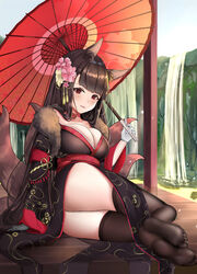  absurdres akagi_(azur_lane) akagi_(plum_and_snow)_(azur_lane) animal_ear_fluff animal_ears ass azur_lane breasts brown_kimono brown_thighhighs choker cleavage eyeliner eyeshadow female flower fox_ears fox_girl fox_tail full_body fur-trimmed_kimono fur_trim gloves hair_flower hair_ornament highres japanese_clothes kimono kitsune large_breasts lemontea_(ekvr5838) long_hair looking_at_viewer makeup multiple_tails official_alternate_costume oil-paper_umbrella red_choker red_eyes red_eyeshadow red_umbrella solo tail thighhighs umbrella white_gloves 