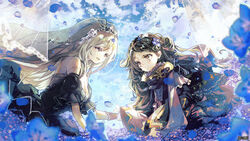  2girls black_dress black_hair black_veil blonde_hair breasts bridal_veil cleavage cloud cloudy_sky crown crown_hair_ornament dairoku_ryouhei dress field flower flower_field frilled_dress frilled_skirt frills hair_between_eyes hair_flower hair_ornament hair_ribbon hairpin harenochi_hareta highres lace lace-trimmed_dress lace_trim large_breasts long_hair multiple_girls nemophila_(flower) open_mouth ribbon skirt sky sleeveless sleeveless_dress smile twintails veil very_long_hair wedding_dress 