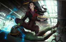  asami_sato avatar_legends battle black_hair blurry blurry_background bolin commentary electricity element_bending english_commentary fighting_stance fingerless_gloves gauntlets gloves hand_on_another&#039;s_face korra long_hair mako_(avatar) mask midair paid_reward_available pinned single_gauntlet the_legend_of_korra warehouse zarory 