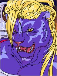  2007 3:4 anthro archived_source biped black_border blonde_hair blue_body blue_fur border bust_portrait felid feline fur hair kemono male mammal onmyou_taisenki portrait rangetsu_(onmyou_taisenki) solo teeth unknown_artist 