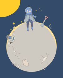  1boy bell_jar blue_flower blue_hair blue_rose blue_scarf coat commentary crater flower highres kaito_(vocaloid) kamada_(yamadarou) le_petit_prince male_focus moon on_mini_planet on_moon parody rose scarf shovel sitting space star_(sky) sun vocaloid 