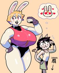  anthro big_breasts breasts clothed clothing duo felid feline female hair heart_symbol hi_res huge_breasts lagomorph larger_female male mammal muscular muscular_female newtype_hero paula_(newtype_hero) rob_(newtype_hero) role_reversal size_difference standing thick_thighs thought_bubble tight_clothing 