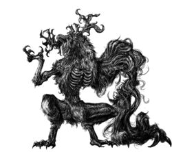  antlers bloodborne claws cleric_beast digitigrade exposed_bone fur greyscale horns horror_(theme) monochrome monster numenoko prehensile_hair ribs roaring sharp_teeth teeth 