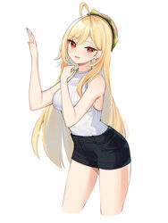  absurdres ahoge bare_arms bare_shoulders black_shorts blonde_hair breasts commentary cropped_legs female hamburger_hat hands_up hat highres jingburger korean_commentary long_hair looking_at_viewer medium_breasts open_mouth red_eyes ribbed_shirt shirt shirt_tucked_in short_shorts shorts simple_background sleeveless sleeveless_shirt smile solo thighs very_long_hair virtual_youtuber waktaverse white_shirt ziro_(zirorong) 