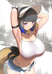  alternate_costume aoi_mochio arknights arm_strap arm_up armpits arms_behind_back bikini black_hair blue_eyes blue_hair blue_shorts blunt_bangs breasts bright_pupils cleavage collarbone cowboy_shot eunectes_(arknights) female gradient_hair hair_tie hair_tie_in_mouth hat highres huge_breasts jewelry leaning_forward looking_at_viewer mouth_hold multicolored_hair navel necklace open_clothes open_fly open_shorts pointy_ears pouch short_hair shorts snake_tail solo swimsuit tail two-tone_background white_bikini white_hat 