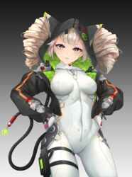  audio_jack blonde_hair bodysuit breadthree breasts cable cable_tail covered_navel drill_hair female full-length_zipper hand_on_own_hip highres hood hooded_jacket jacket looking_at_viewer mechanical_tail medium_breasts medium_hair shiro_(tower_of_fantasy) simple_background skin_tight smile solo standing tail thigh_strap tower_of_fantasy twin_drills white_bodysuit yellow_eyes zipper 