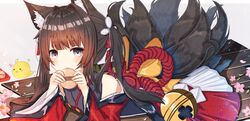  absurdres amagi-chan_(azur_lane) animal_ears azur_lane bell bird black_hair black_pantyhose blunt_bangs bow cherry_blossoms chick commentary covering_own_mouth female food fox_ears fox_girl fox_tail grey_eyes hair_between_eyes hair_ribbon hairbow highres holding holding_food japanese_clothes kitsune kyuubi long_hair looking_at_viewer lying manjuu_(azur_lane) multiple_tails on_stomach pantyhose pekoli ribbon rope senbei shimenawa sidelocks symbol-only_commentary tail thick_eyebrows twintails wide_sleeves 