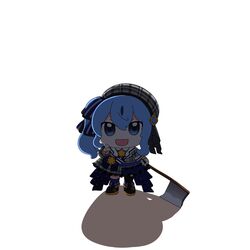  animegao axe beret blue_eyes blue_hair commentary cosplay female full_body hair_between_eyes hat highres holding holding_axe hololive hoshimachi_suisei hoshimachi_suisei_(1st_costume) kigurumi mascot mascot_costume medium_hair mikodanye open_mouth pointing pointing_at_viewer ribbon seigan_subaru shadow shoes side_ponytail smile solo star_(symbol) virtual_youtuber white_background you_gonna_get_raped 