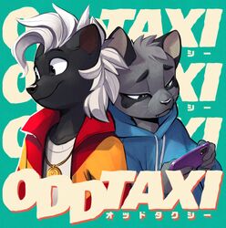  2boys blue_hoodie cat_boy cellphone commentary english_commentary english_text furry furry_male highres holding holding_phone hood hoodie imai_shun marc_knelsen multiple_boys odd_taxi phone simple_background skunk skunk_boy smartphone tanaka_hajime_(odd_taxi) 